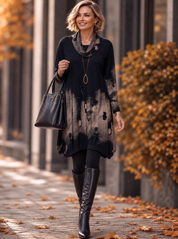 “SELINA” Premium Abstract Cowl-Neck Tunic black
