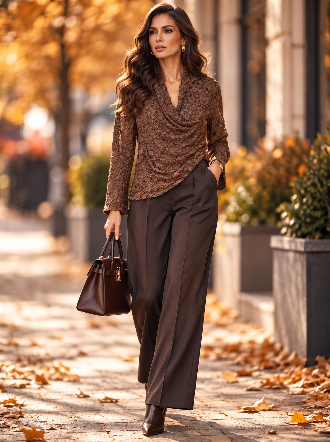 “ABBY” Lace Effect Draped Cowl Neck Blouse brown