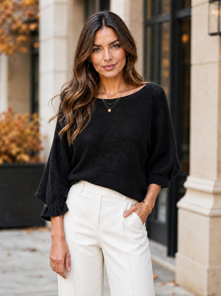 “FIONA” Frill Sleeve Soft Knit Jumper black