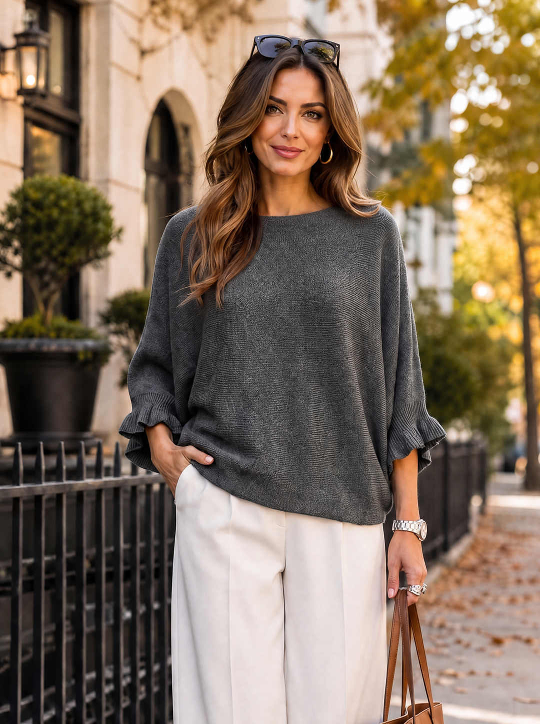 “FIONA” Frill Sleeve Soft Knit Jumper grey
