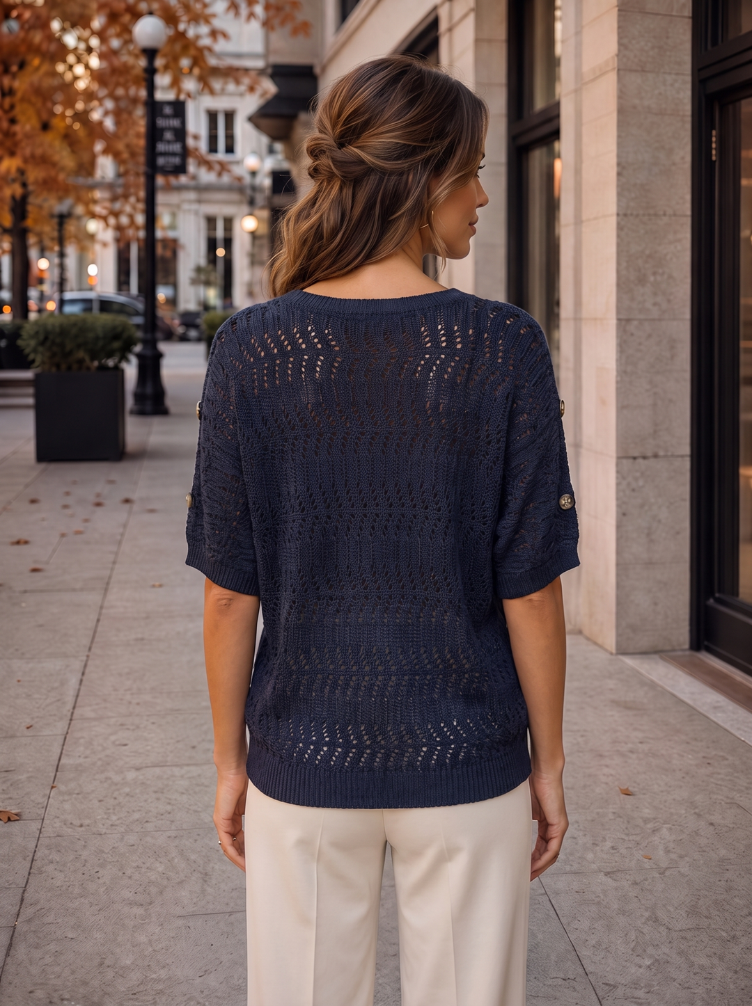 “GWEN” Button Sleeve Open Knit Jumper navy