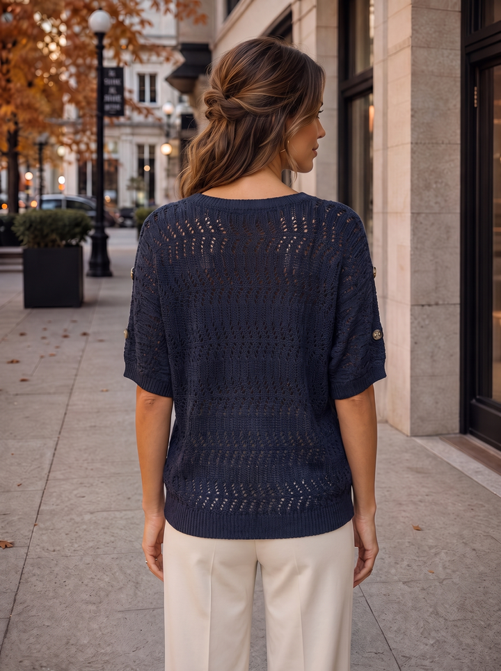 “GWEN” Button Sleeve Open Knit Jumper navy