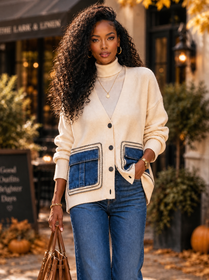 “BONNIE” Premium Denim Pocket Knit Cardigan cream