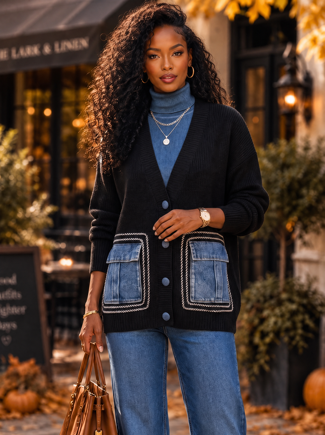 “BONNIE” Premium Denim Pocket Knit Cardigan black