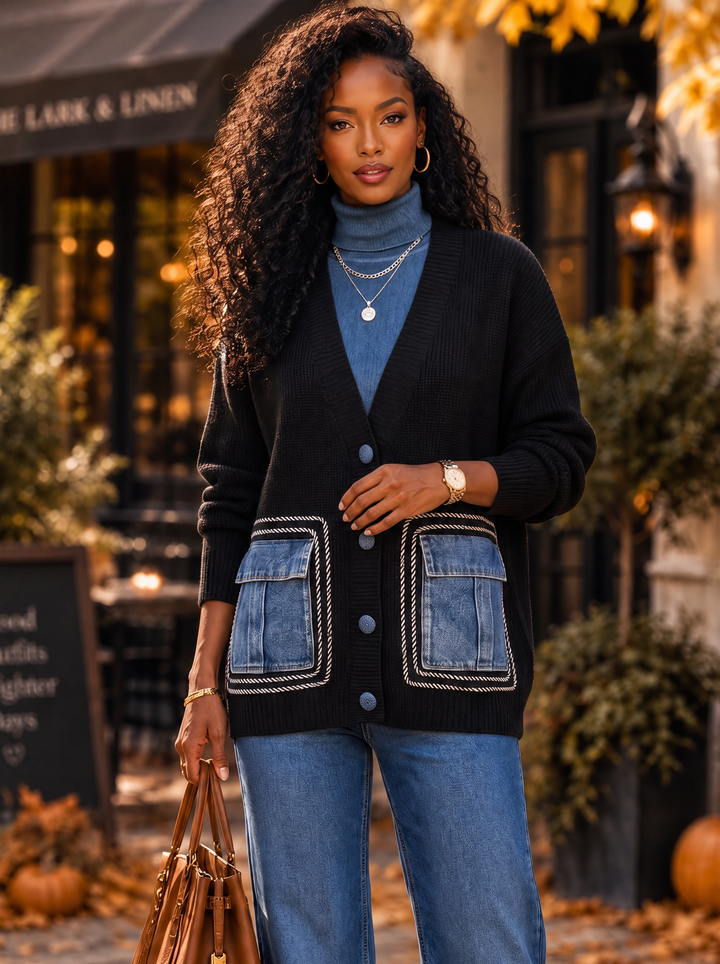 “BONNIE” Premium Denim Pocket Knit Cardigan black