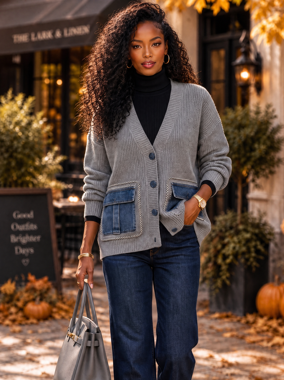 “BONNIE” Premium Denim Pocket Knit Cardigan grey