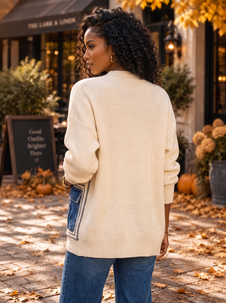 “BONNIE” Premium Denim Pocket Knit Cardigan cream