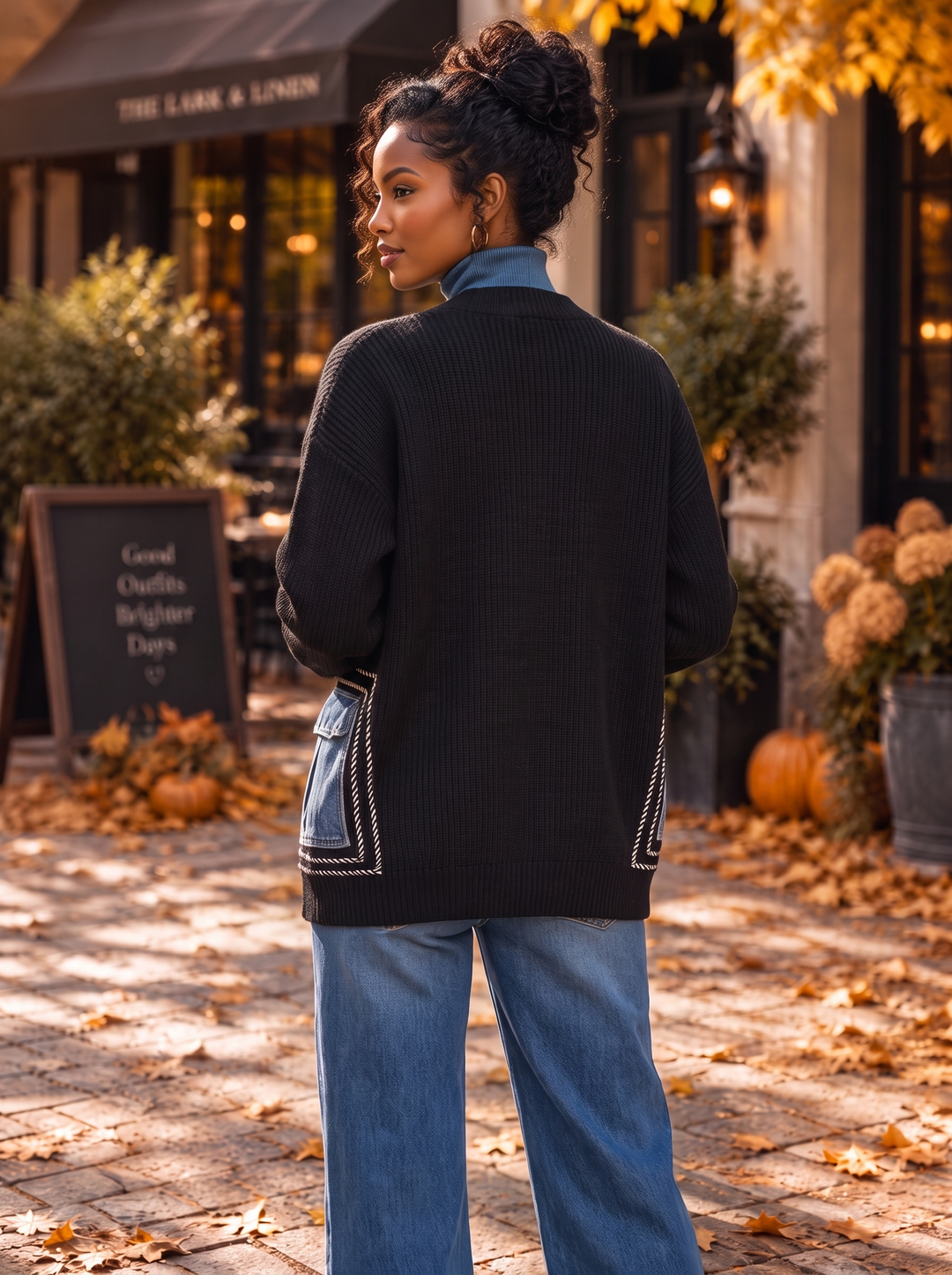 “BONNIE” Premium Denim Pocket Knit Cardigan black