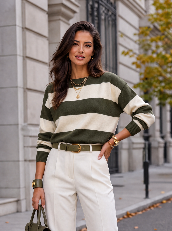 “RACHEL” Stripe Knit Jumper khaki green