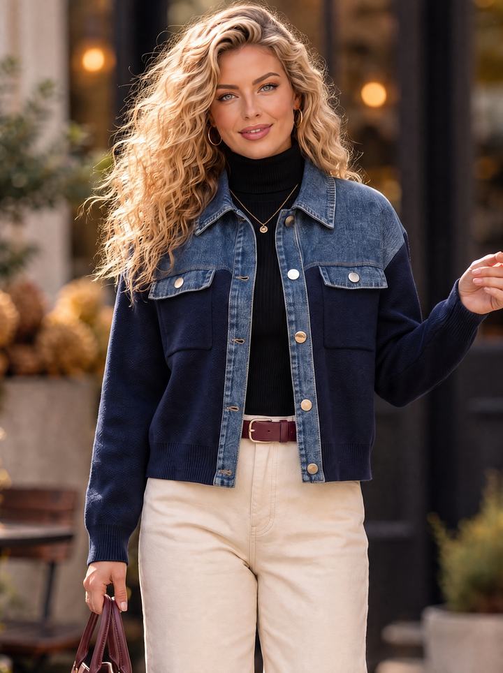 “ANNIE” Premium Two-Tone Denim & Knit Jacket navy