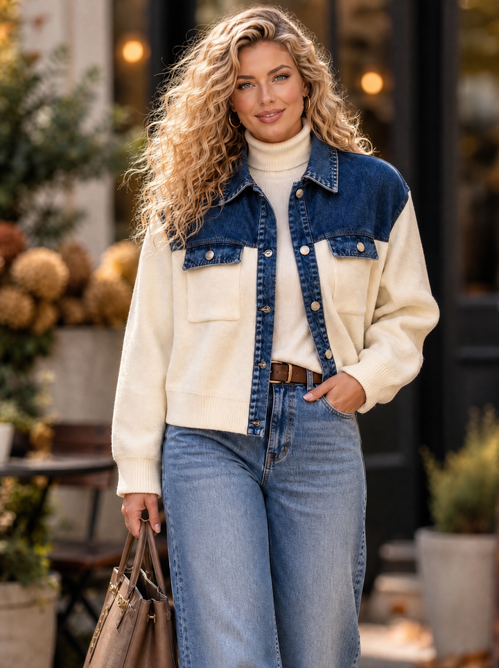 “ANNIE” Premium Two-Tone Denim & Knit Jacket cream