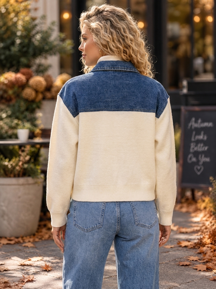 “ANNIE” Premium Two-Tone Denim & Knit Jacket cream