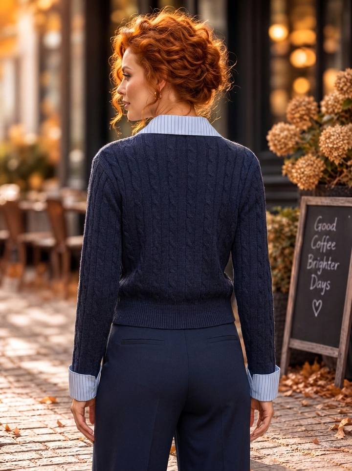 “JEANA” Contrast Collar Cable Knit Cardigan Top navy