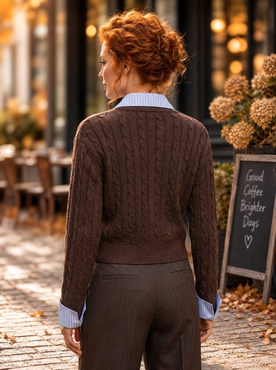 “JEANA” Contrast Collar Cable Knit Cardigan Top 