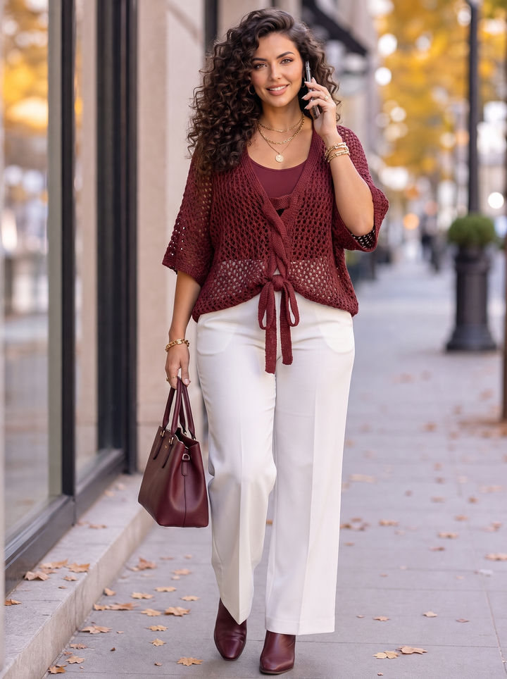 “IRIS” Tie Front V-Neck Crochet Top burgundy