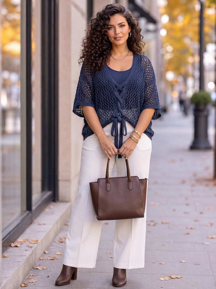 “IRIS” Tie Front V-Neck Crochet Top 
navy