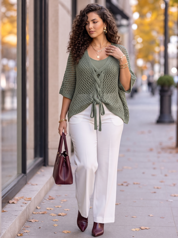 “IRIS” Tie Front V-Neck Crochet Top khaki