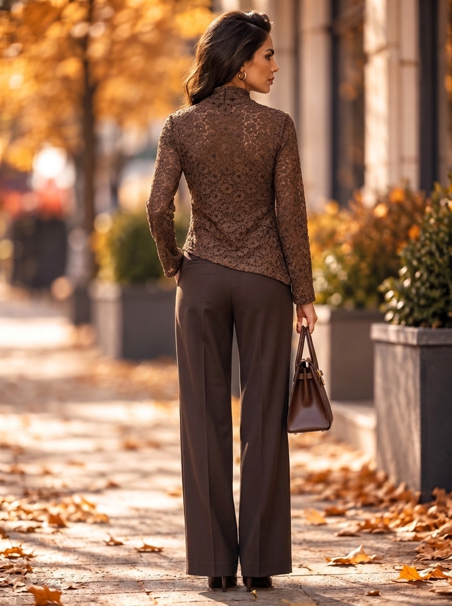 “ABBY” Lace Effect Draped Cowl Neck Blouse brown