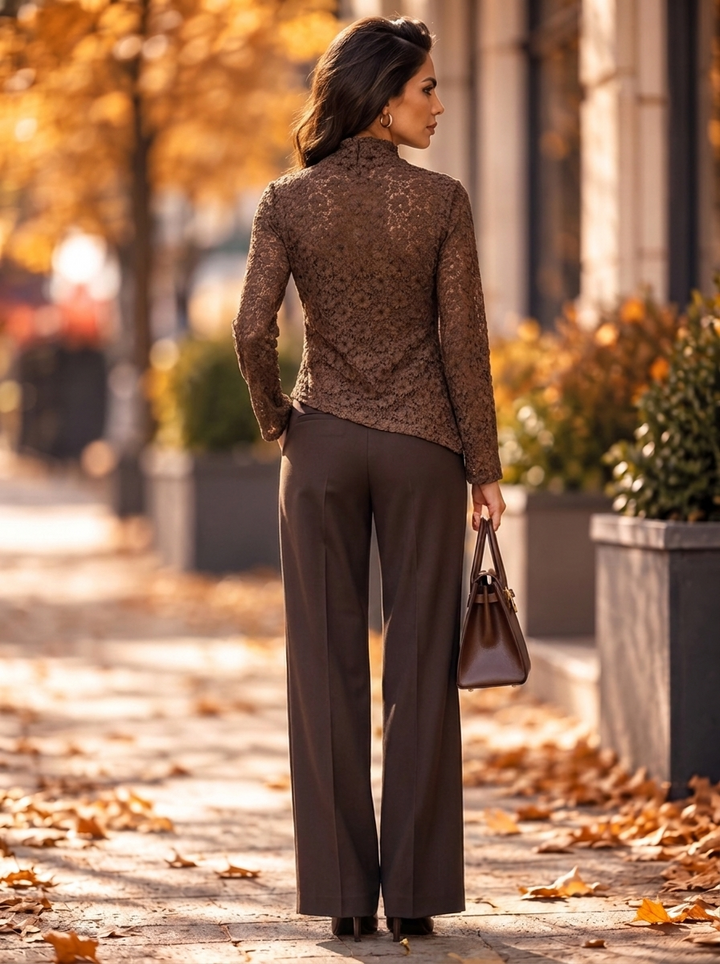 “ABBY” Lace Effect Draped Cowl Neck Blouse brown