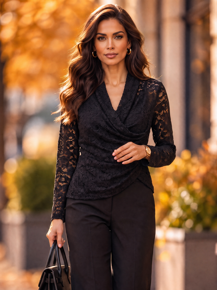 “ABBY” Lace Effect Draped Cowl Neck Blouse black