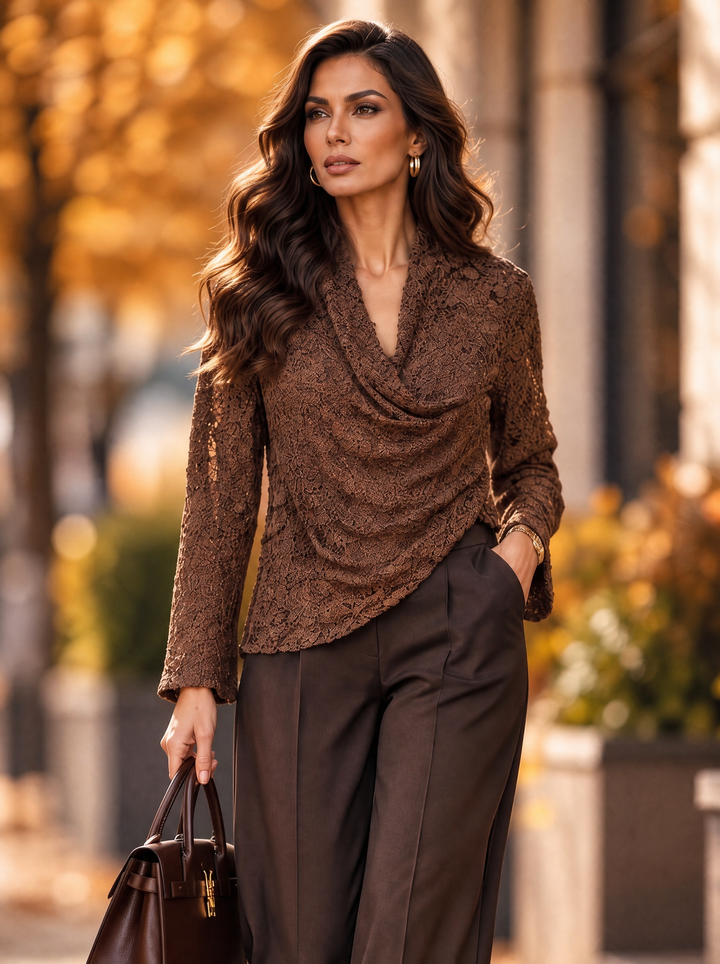 “ABBY” Lace Effect Draped Cowl Neck Blouse brown