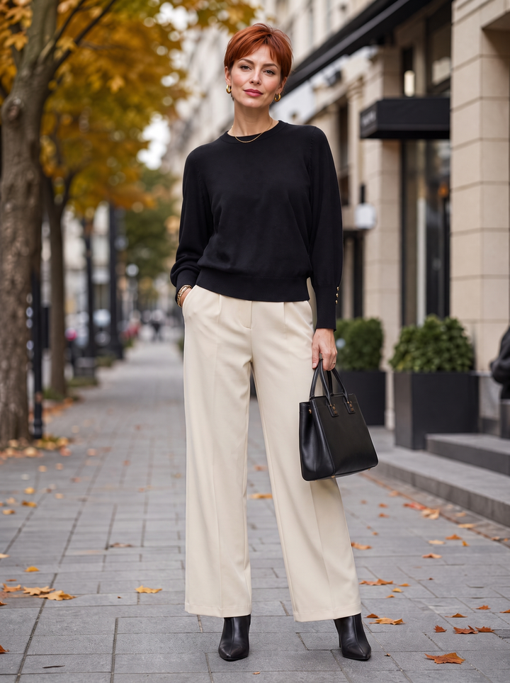 “HOLLY” Button Cuff Crew Neck Jumper black