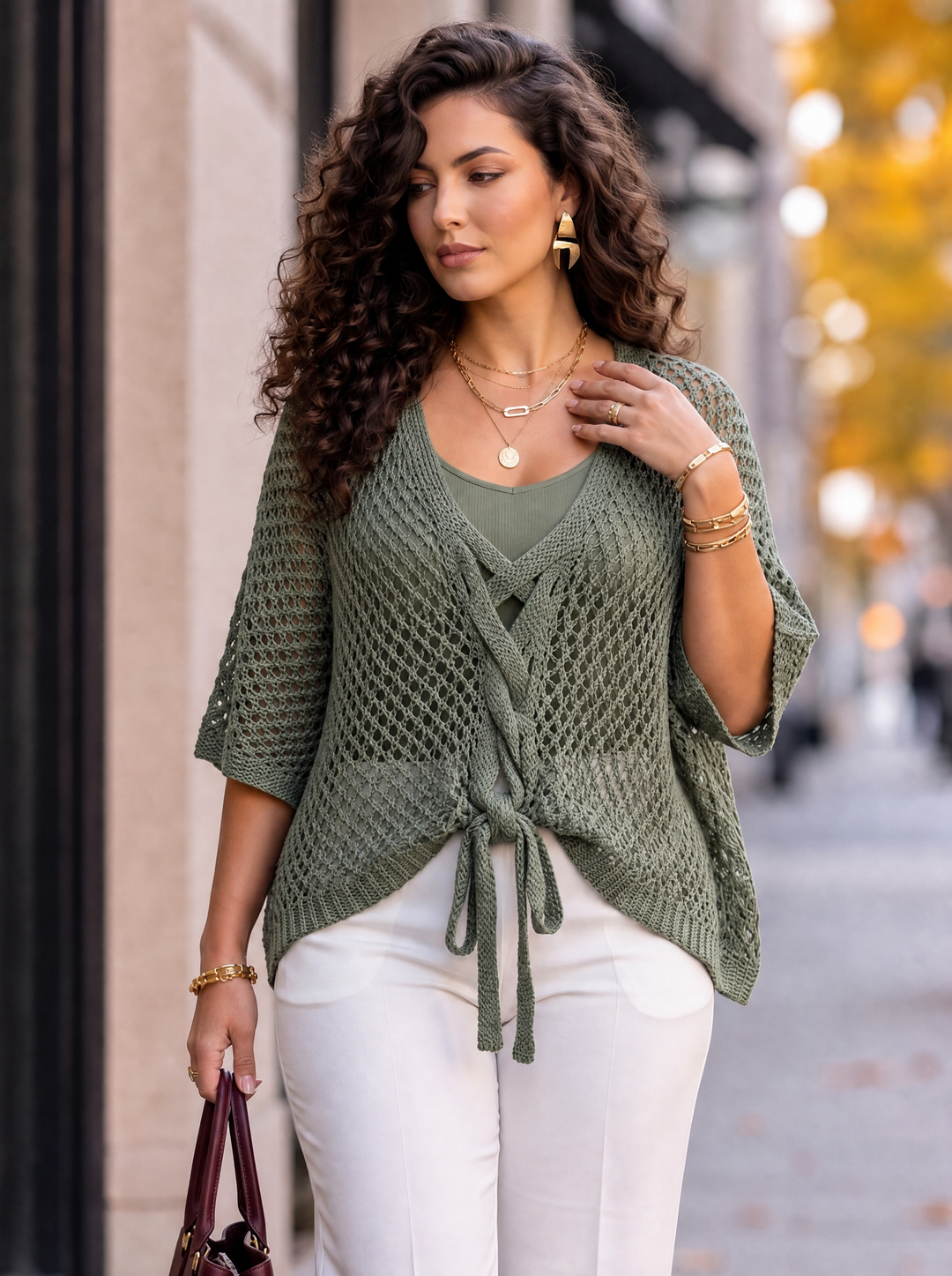 “IRIS” Tie Front V-Neck Crochet Top khaki