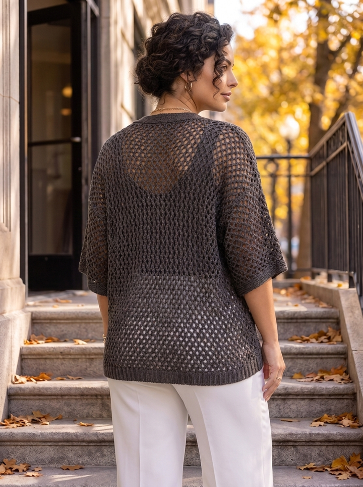 “IRIS” Tie Front V-Neck Crochet Top chocolate