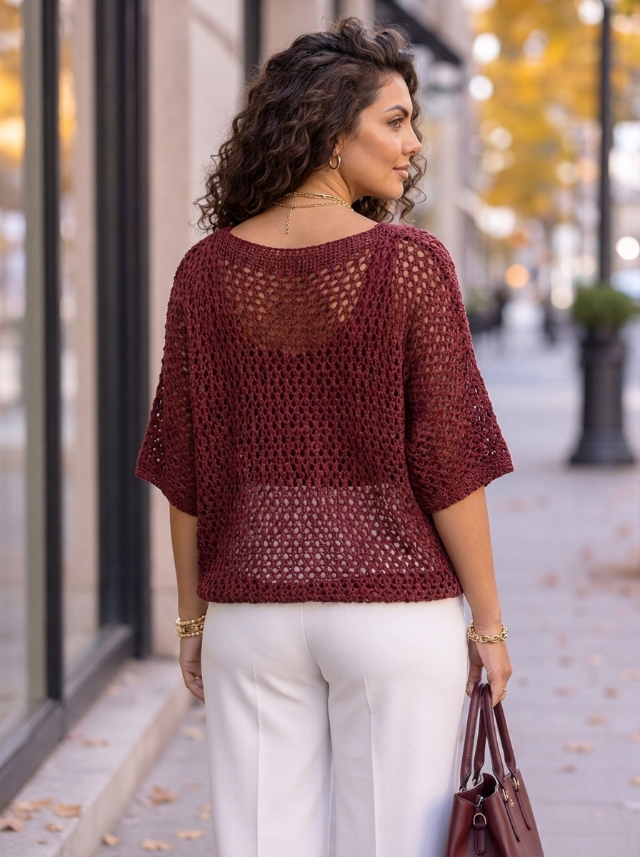 “IRIS” Tie Front V-Neck Crochet Top burgundy