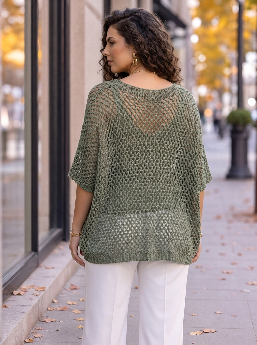 “IRIS” Tie Front V-Neck Crochet Top khaki