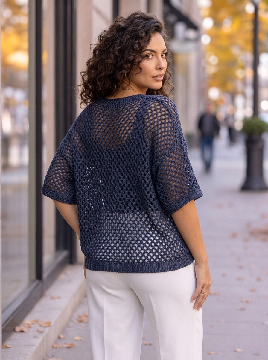 “IRIS” Tie Front V-Neck Crochet Top 
navy