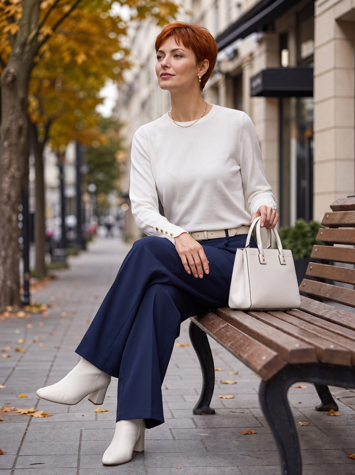 “HOLLY” Button Cuff Crew Neck Jumper white