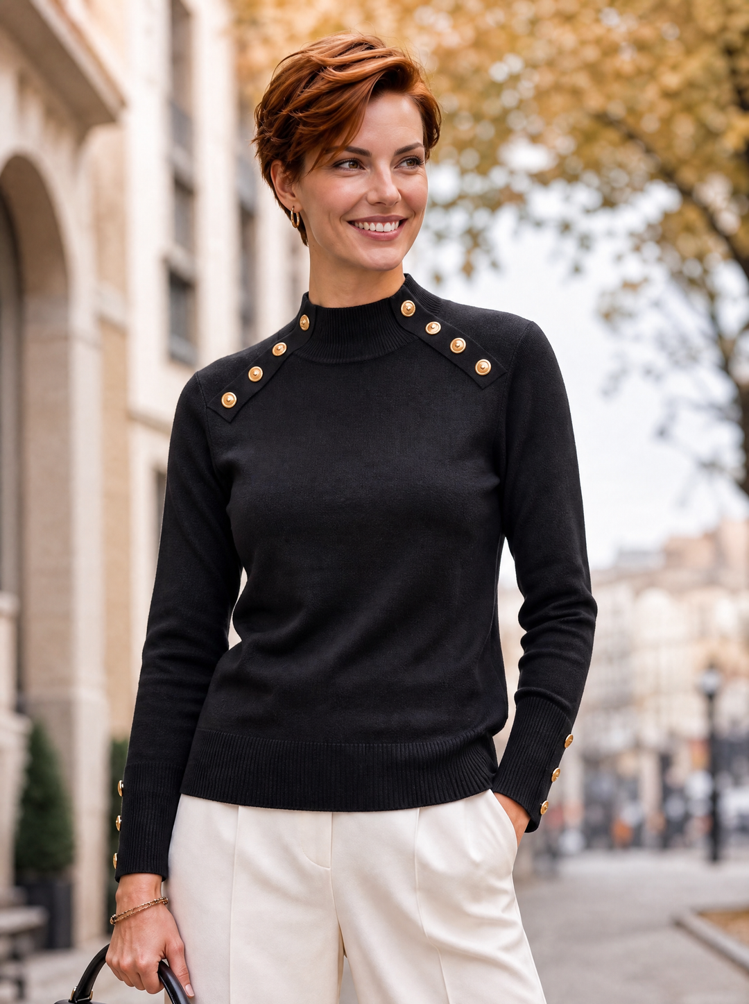 “PALOMA” Premium Gold Button High Neck Jumper black