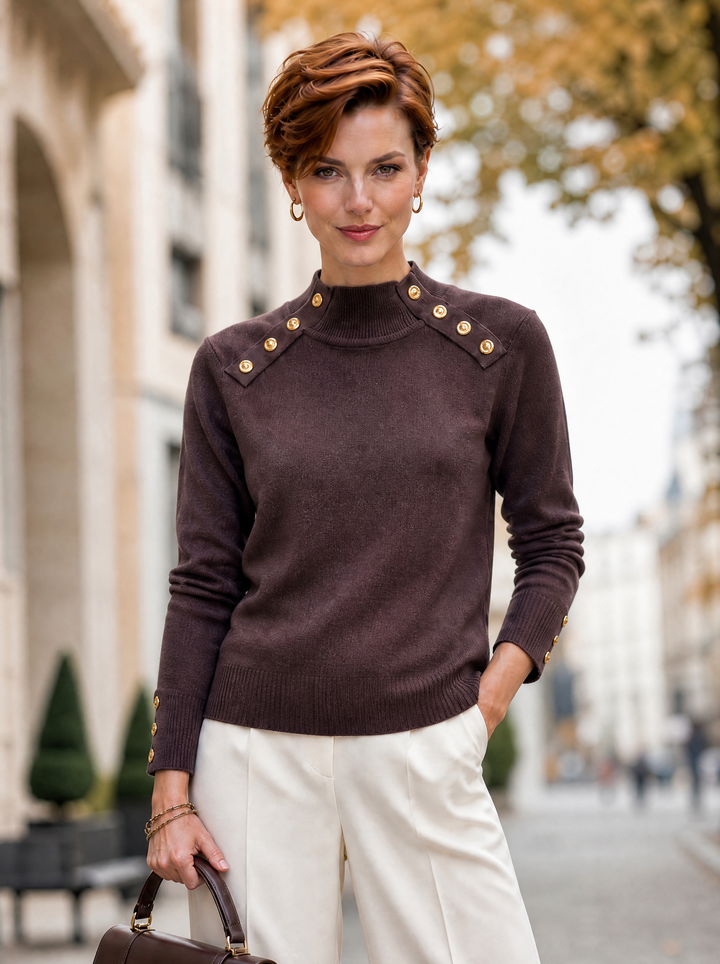 “PALOMA” Premium Gold Button High Neck Jumper chocolate brown