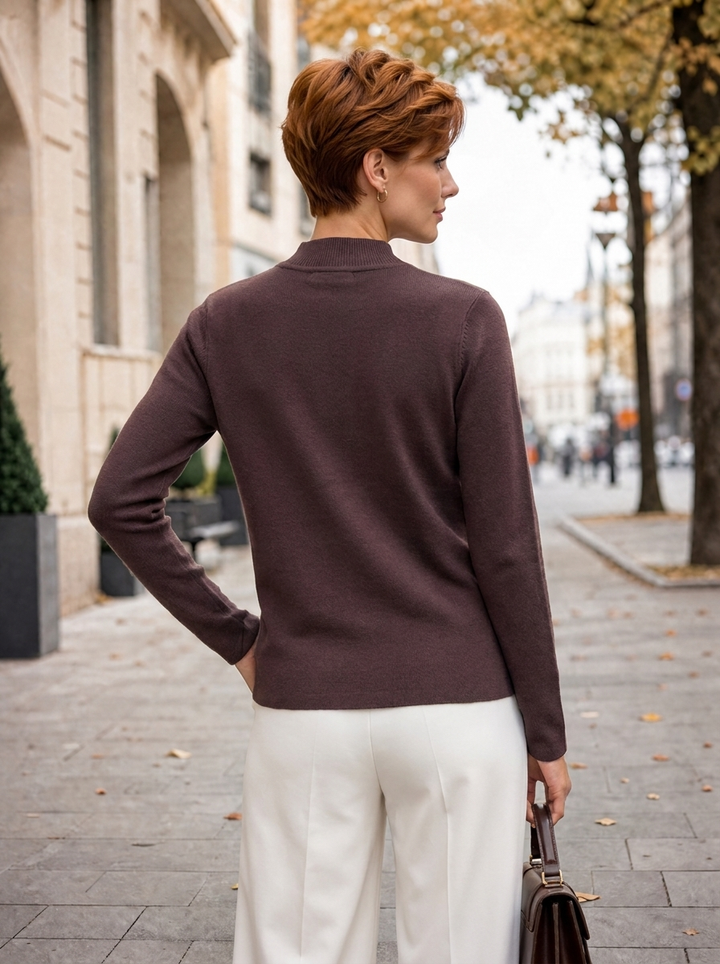 “PALOMA” Premium Gold Button High Neck Jumper chocolate brown