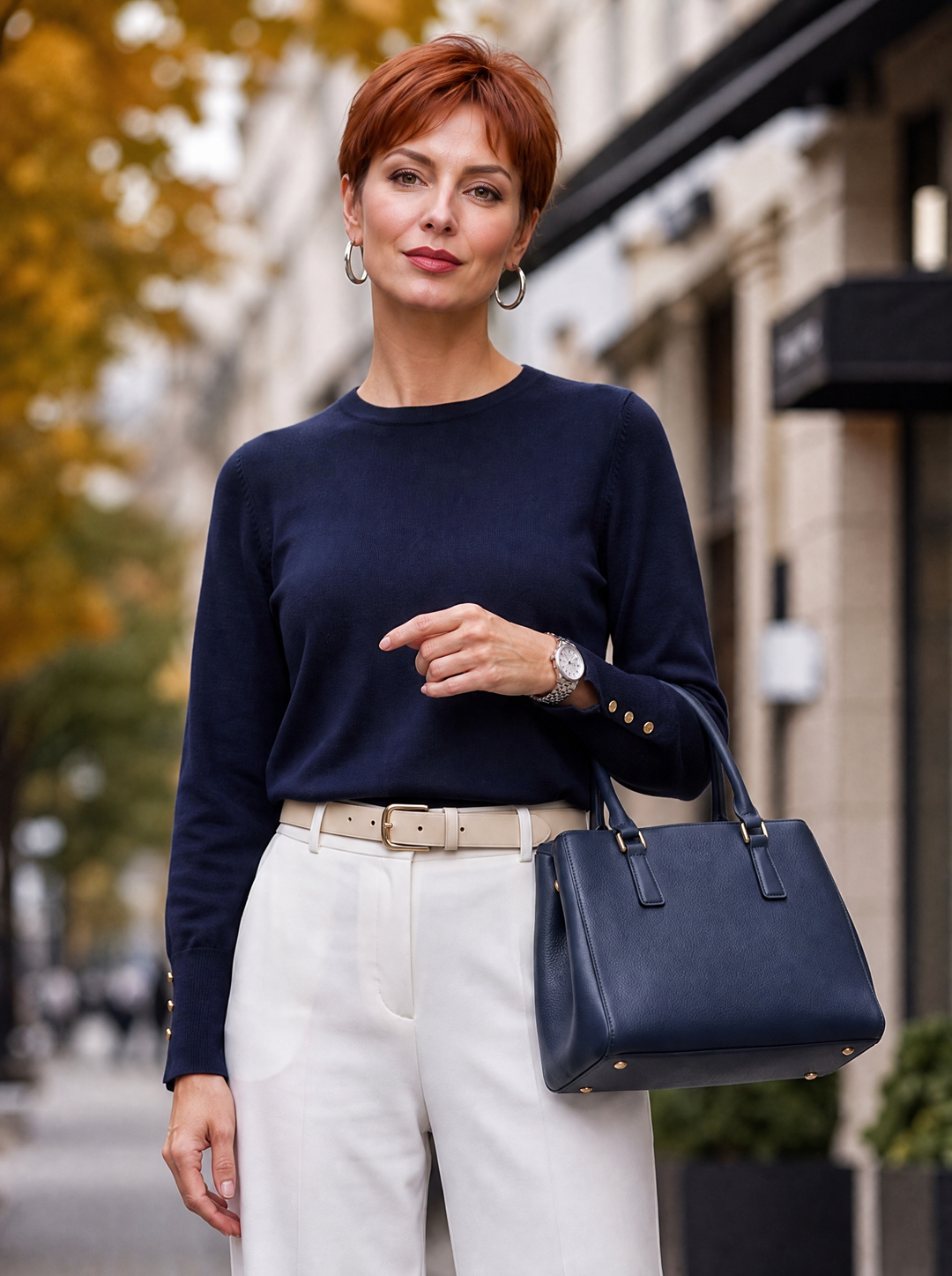 “HOLLY” Button Cuff Crew Neck Jumper navy