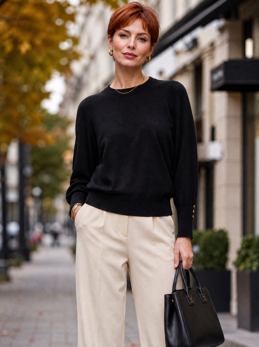 “HOLLY” Button Cuff Crew Neck Jumper black