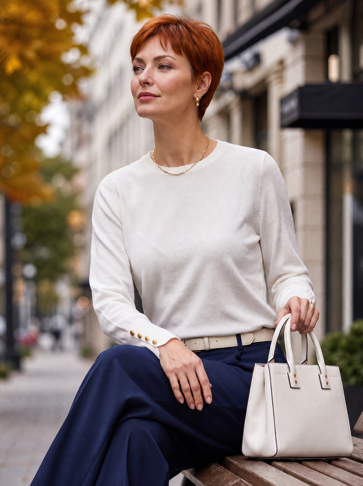 “HOLLY” Button Cuff Crew Neck Jumper white