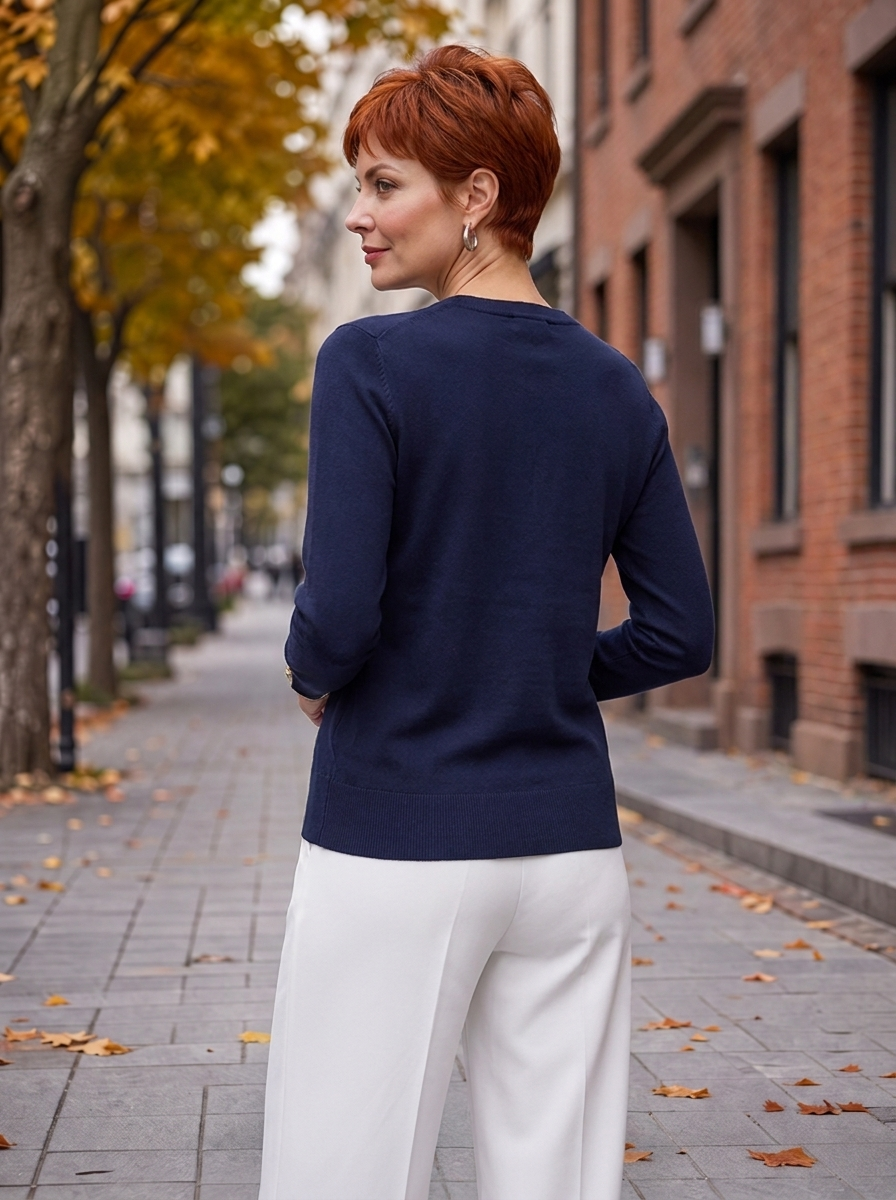 “HOLLY” Button Cuff Crew Neck Jumper navy