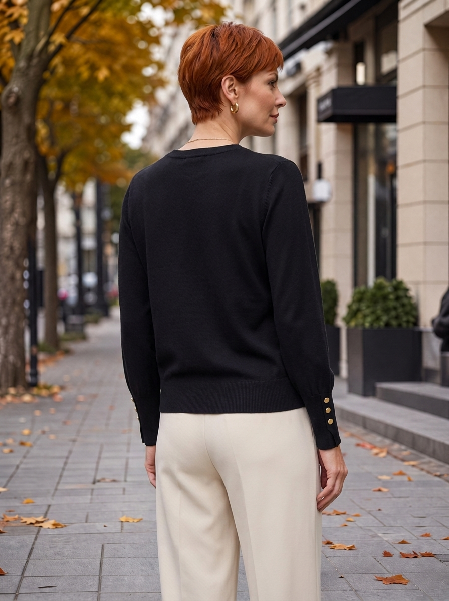 “HOLLY” Button Cuff Crew Neck Jumper black