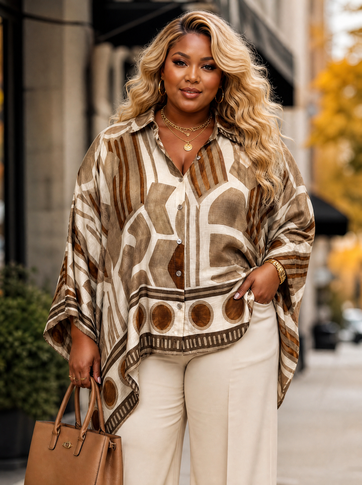 “DARCIE” Abstract Print Oversized Shirt mocha