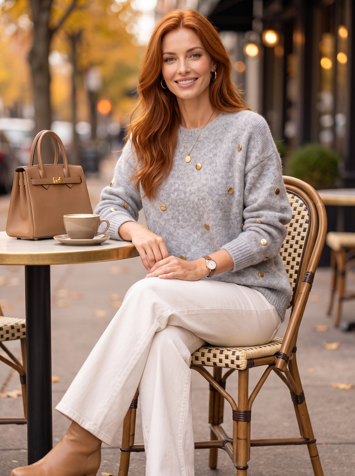 “CELIA” Premium Gold Button Detail Soft Jumper silver