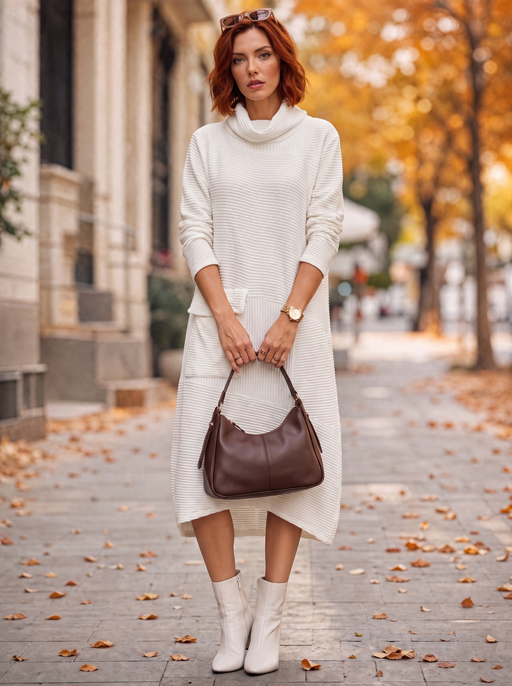 “LEXIE” Cowl Neck Ribbed Knit Midi Dress white