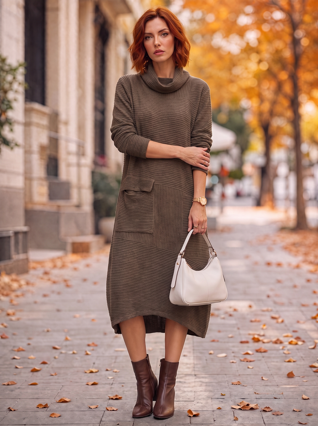 “LEXIE” Cowl Neck Ribbed Knit Midi Dress chocolate