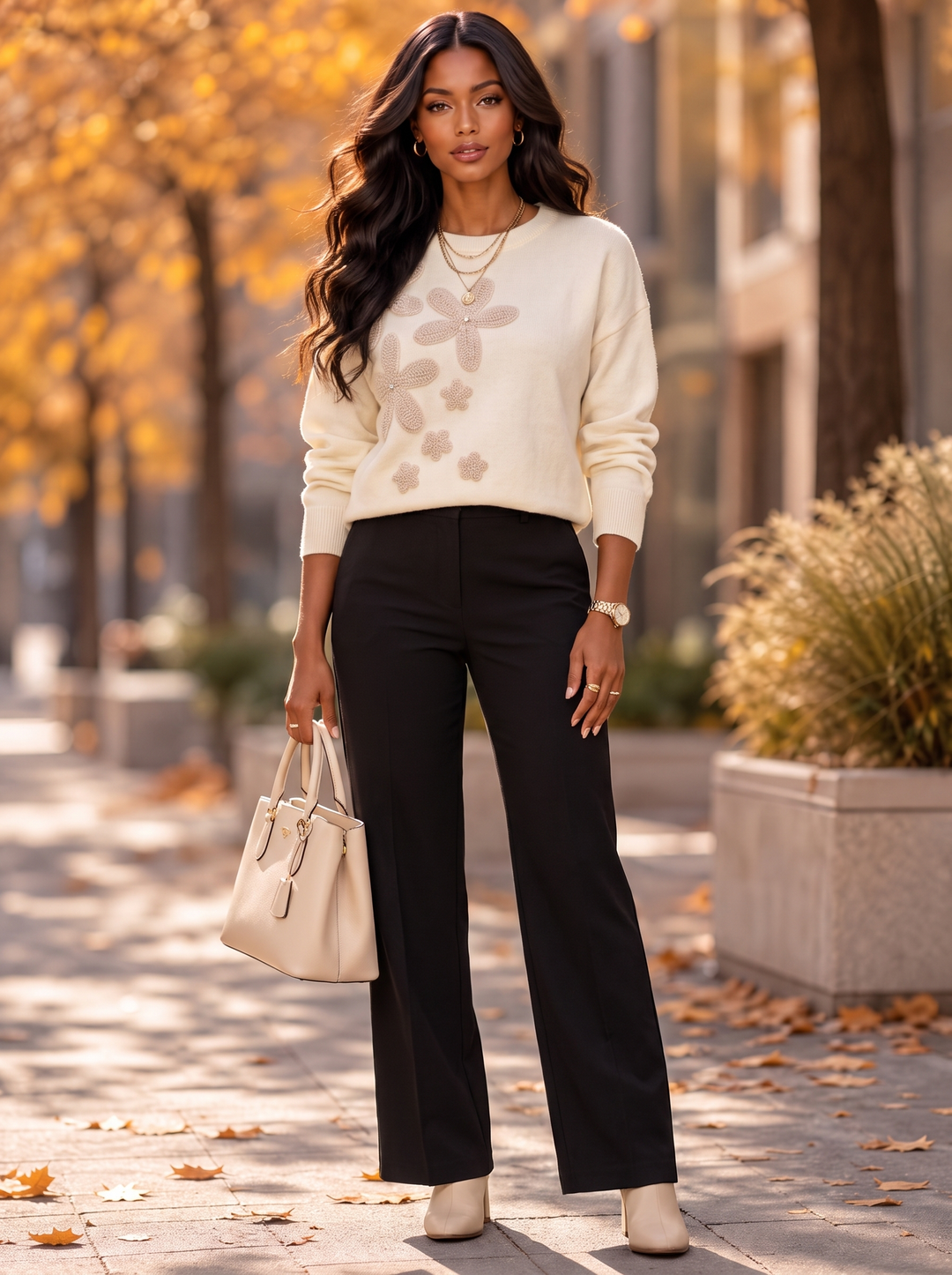 “IVY” Premium Floral Applique Crew Neck Jumper cream