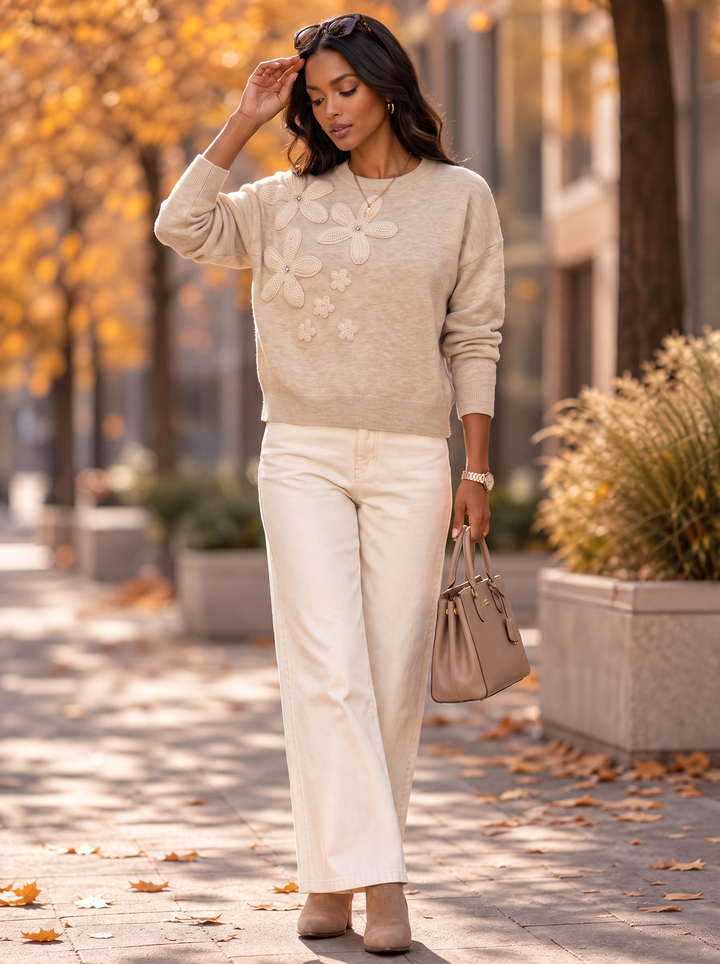 “IVY” Premium Floral Applique Crew Neck Jumper oatmeal