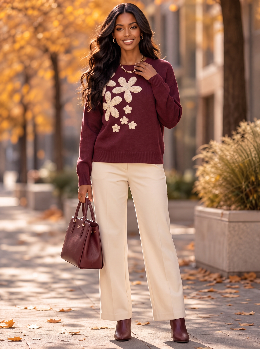 “IVY” Premium Floral Applique Crew Neck Jumper burgundy