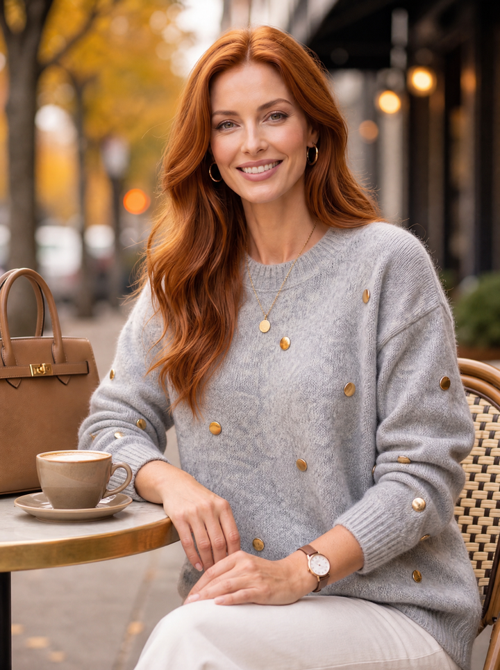 “CELIA” Premium Gold Button Detail Soft Jumper silver