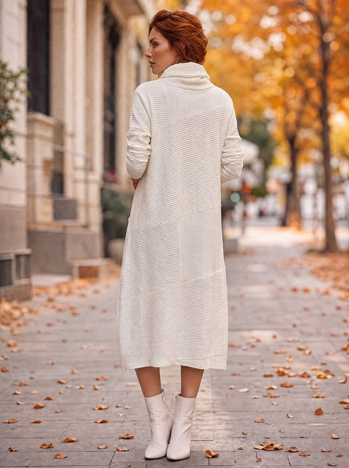 “LEXIE” Cowl Neck Ribbed Knit Midi Dress white