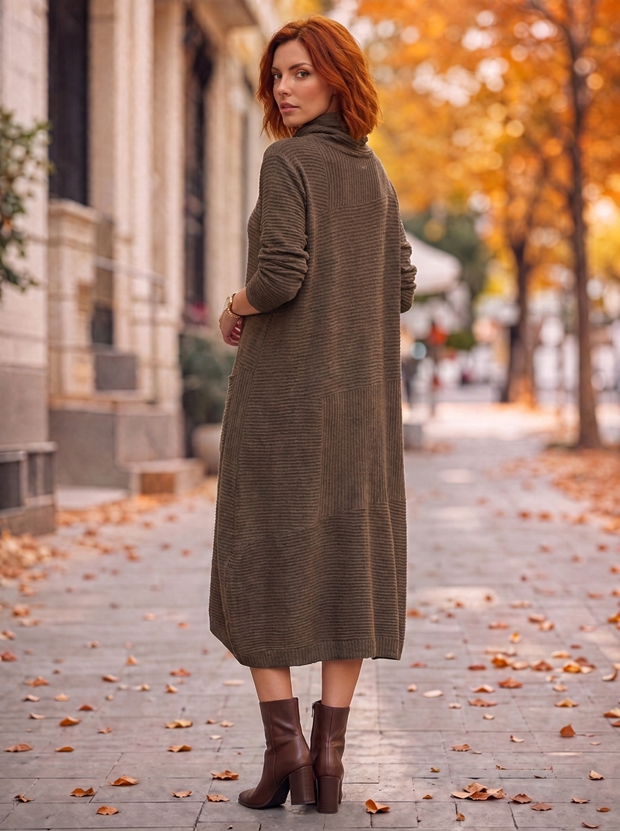 “LEXIE” Cowl Neck Ribbed Knit Midi Dress chocolate